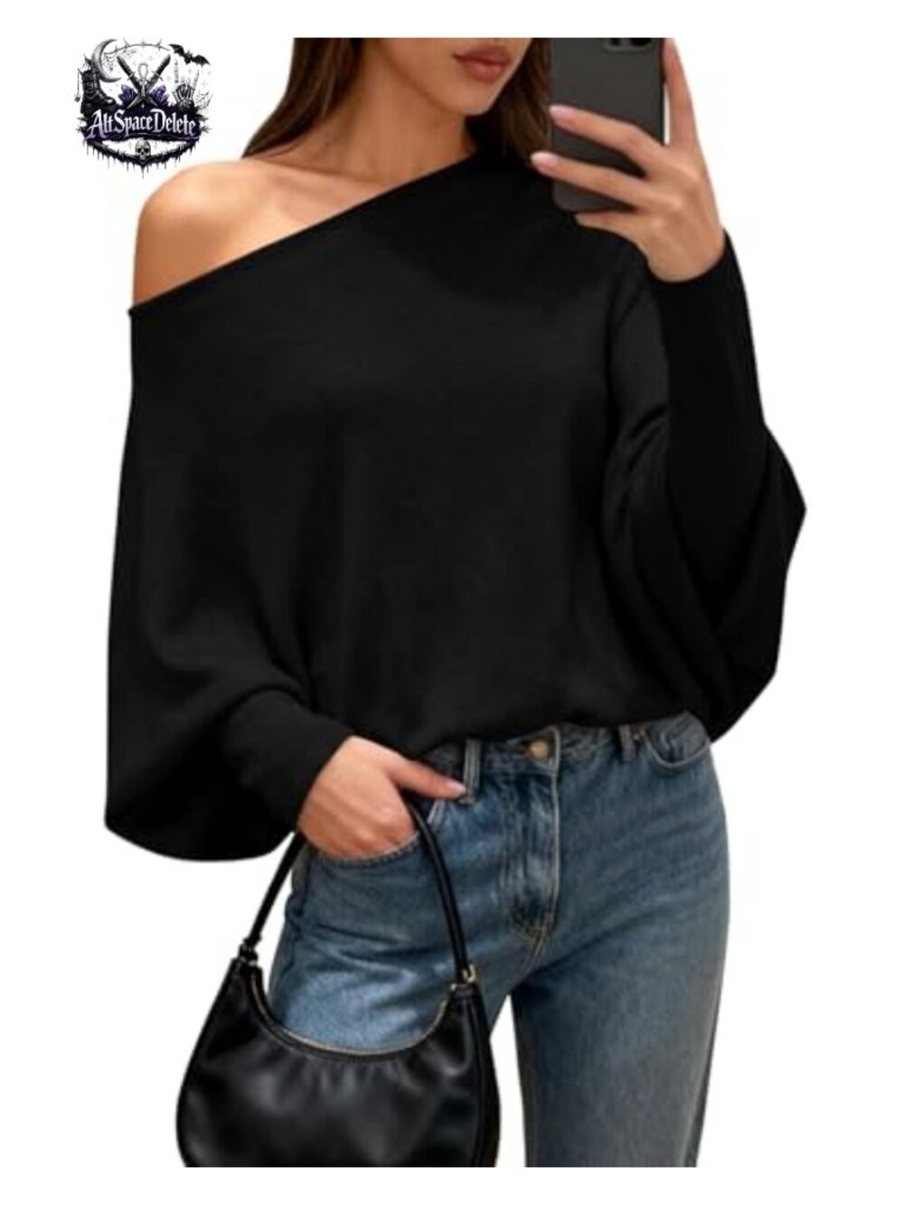 Off The Shoulder Batwing Knit Pullover Sweater Loose Fit Long Sleeve